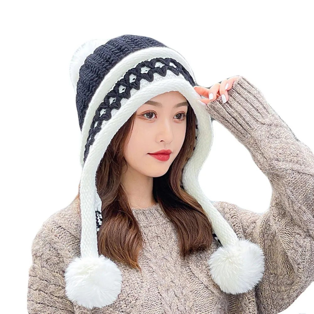 Warm Wnter Knit Hat Ear Flaps for Women - Pom Pom Ski Hat Thick Cable YZ70240