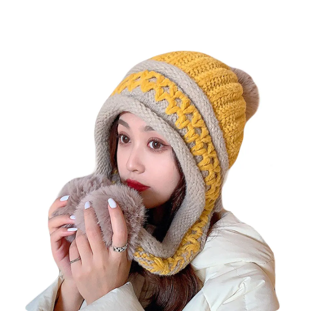 Warm Wnter Knit Hat Ear Flaps for Women - Pom Pom Ski Hat Thick Cable YZ70240