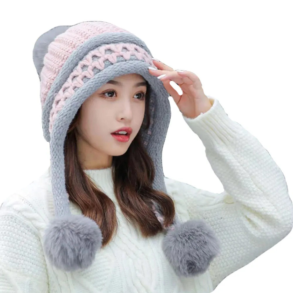 Warm Wnter Knit Hat Ear Flaps for Women - Pom Pom Ski Hat Thick Cable YZ70240