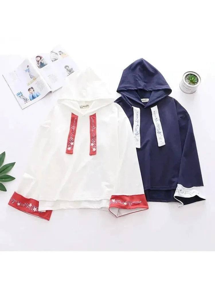 White Floral Embroidery Flare Sleeve Hooded Sweatshirts Summer Sweet Style Drawstring Female Harajuku Cotton Hoodies Top