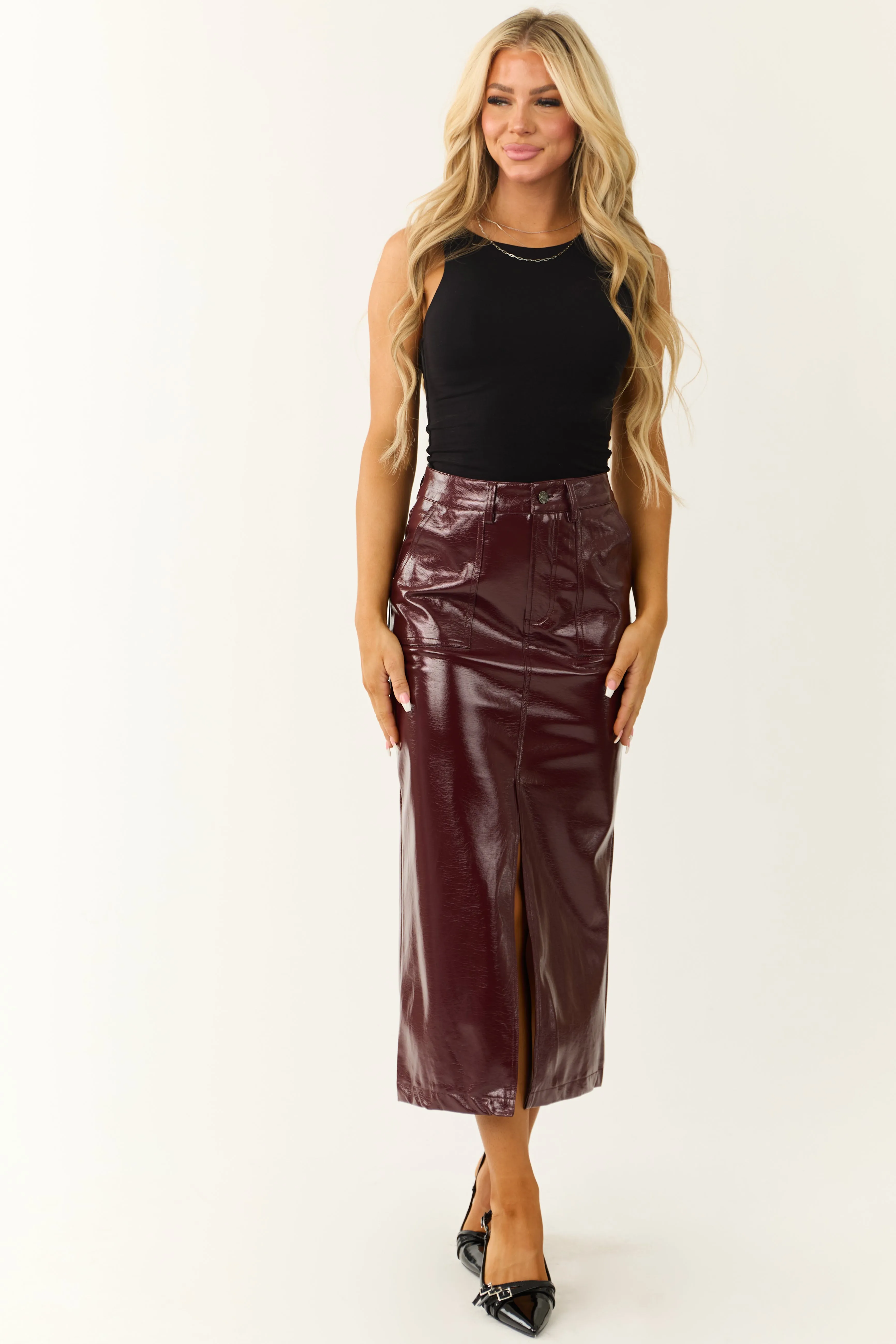 Wine Shiny Faux Leather Front Slit Midi Skirt