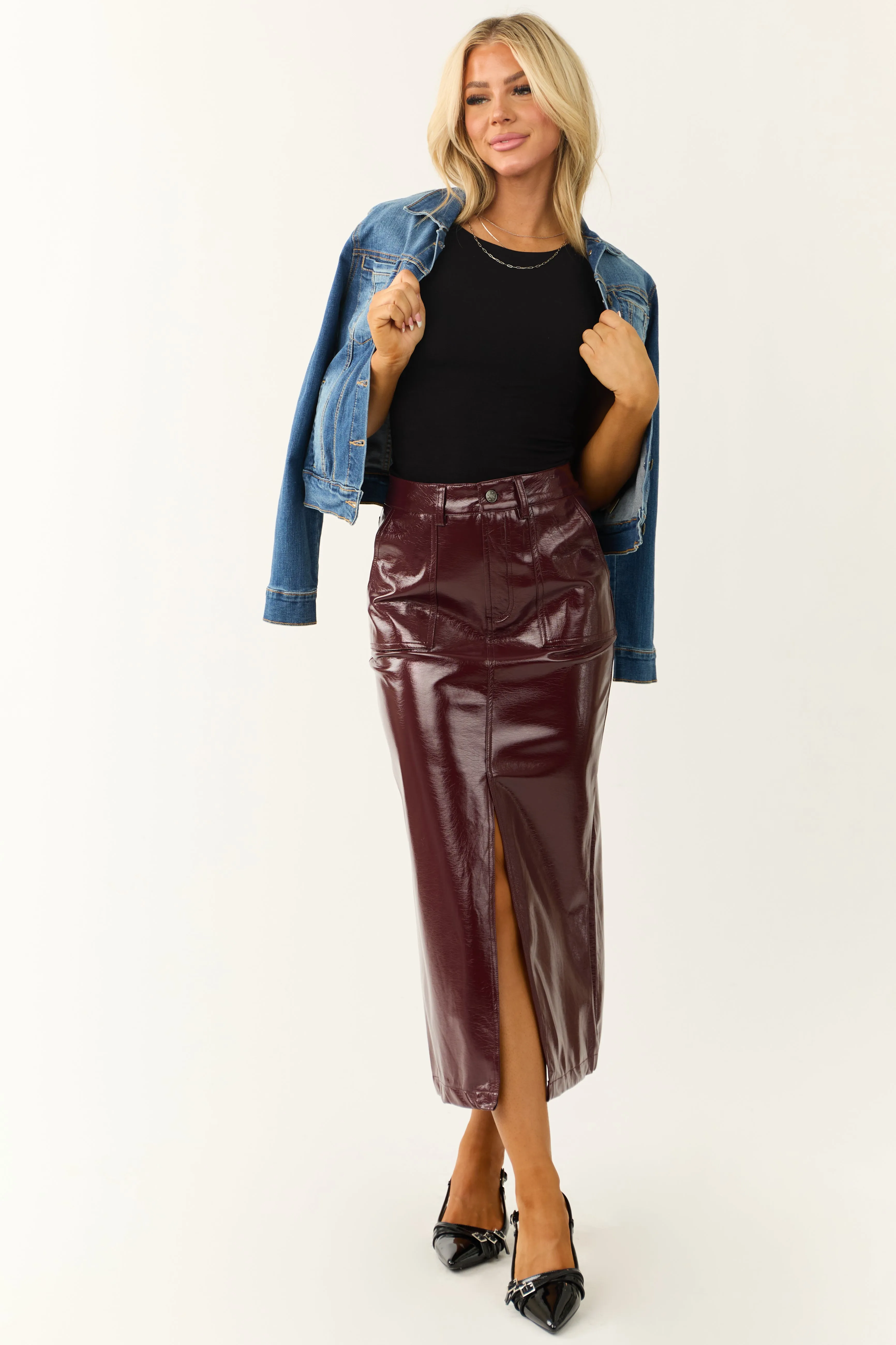 Wine Shiny Faux Leather Front Slit Midi Skirt