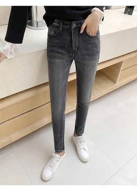 Winter Thick Velvet Women High Waist Skinny Jeans Simple Slim Fit