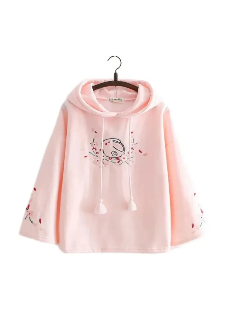 Women Floral Embroidery Pink Hooded Sweatshirts 2020 Winter Flare Sleeve Plus Velvet Thick Hoodies Sweet Pullovers