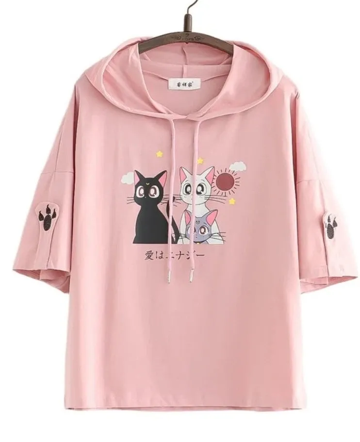 Women Short Sleeve Hooded Sweatshirts Pink Cartoon Cat Embroidery Casual Hoodies Summer High Low Girly Ladies Kawaii Tops