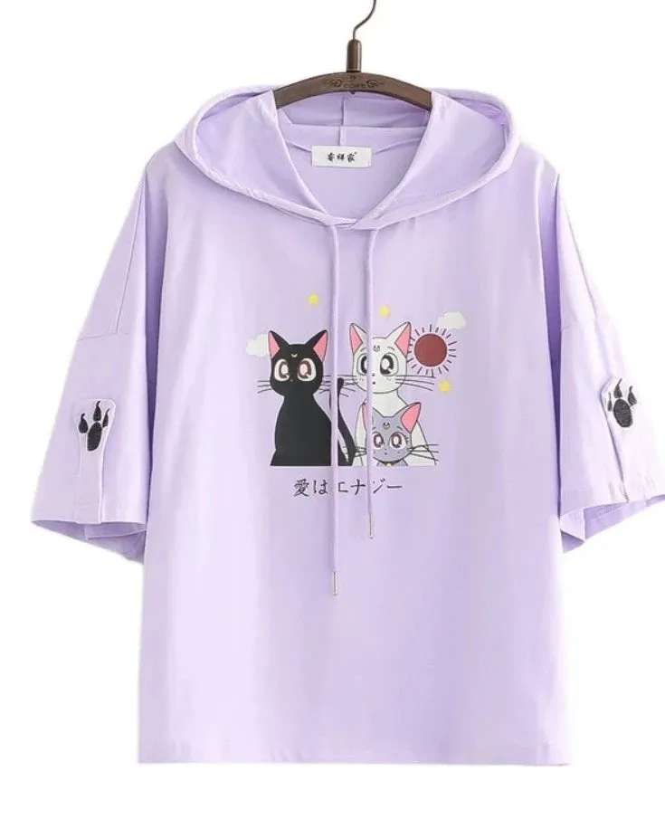 Women Short Sleeve Hooded Sweatshirts Pink Cartoon Cat Embroidery Casual Hoodies Summer High Low Girly Ladies Kawaii Tops