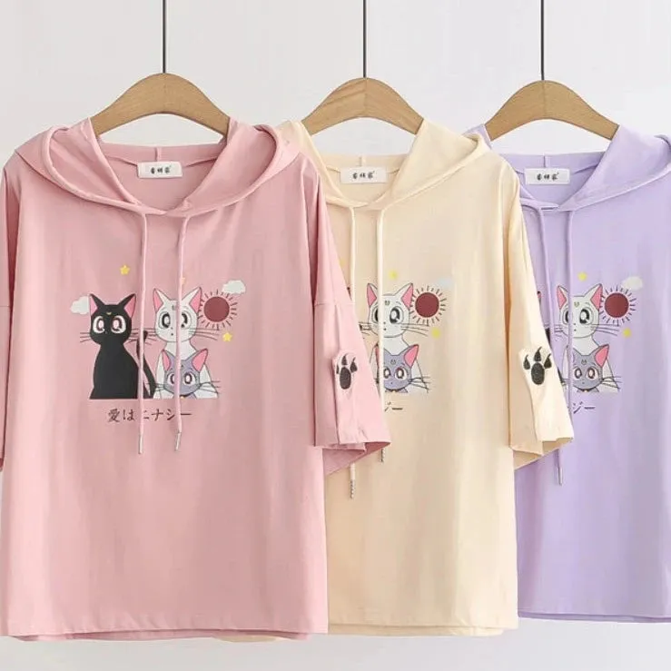 Women Short Sleeve Hooded Sweatshirts Pink Cartoon Cat Embroidery Casual Hoodies Summer High Low Girly Ladies Kawaii Tops