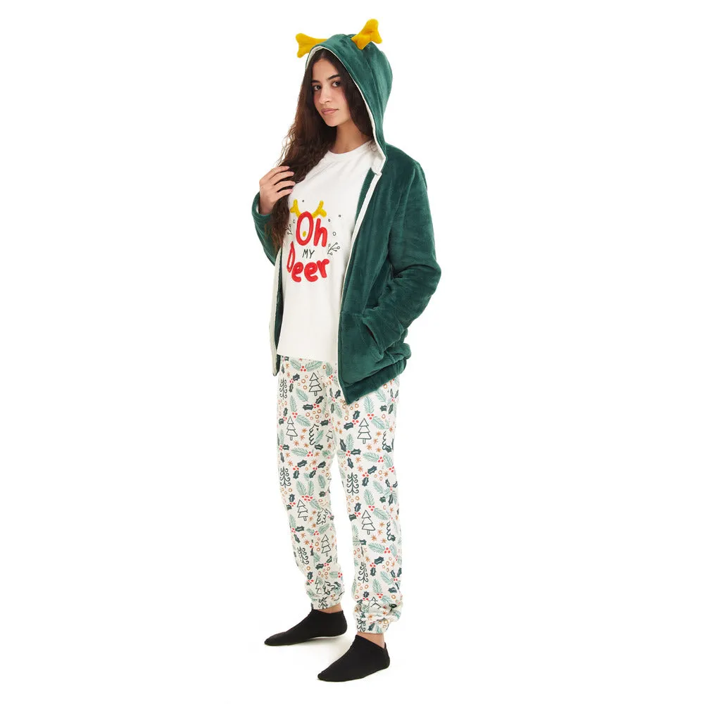 Women Winter Pajama 3 PCS Set Green Sweatshirt  Off-white top  Pants