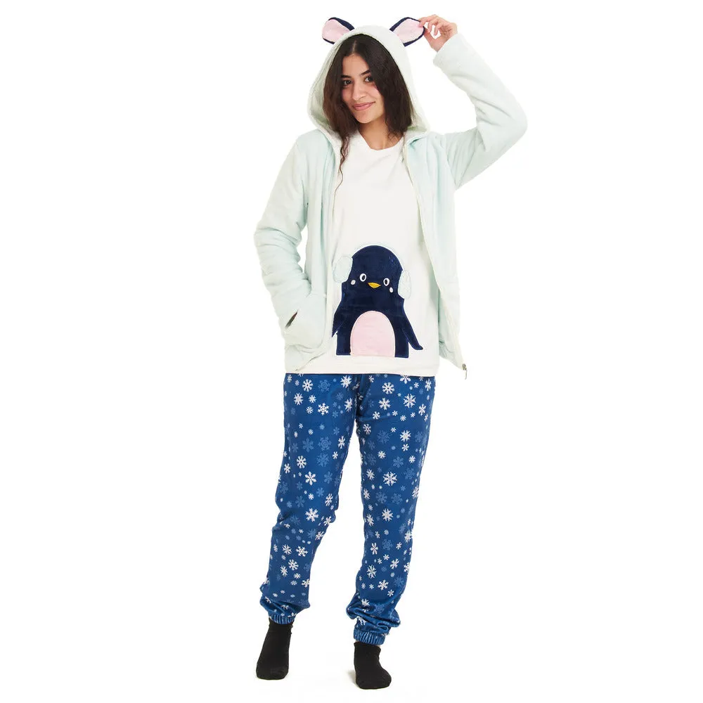 Women Winter Pajama 3 PCS Set Mint Sweatshirt  Off-white top  Dark blue snowflakes Pants