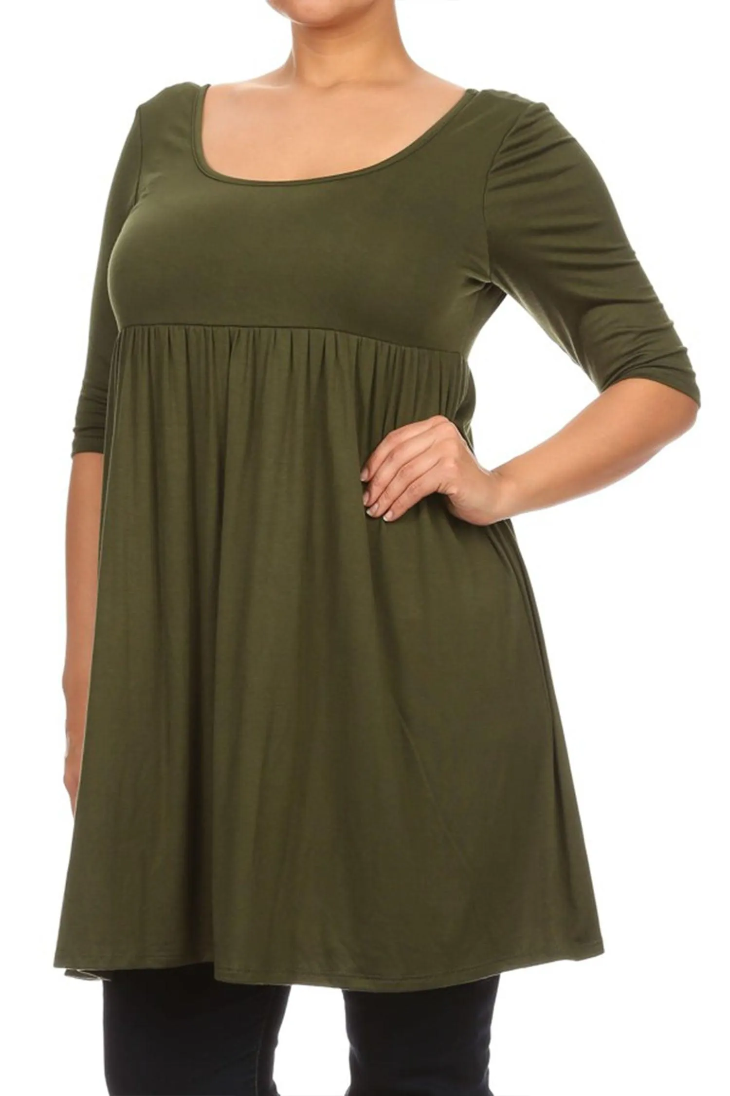 Women's Plus Size 3/4 Sleeves Scoop Neck Babydoll Solid Tunic Top Dress