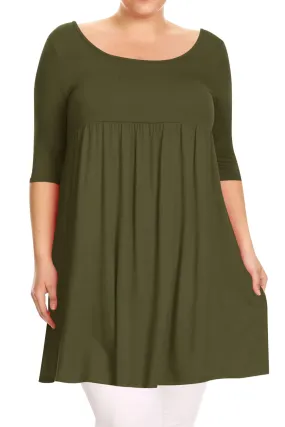 Women's Plus Size 3/4 Sleeves Scoop Neck Babydoll Solid Tunic Top Dress